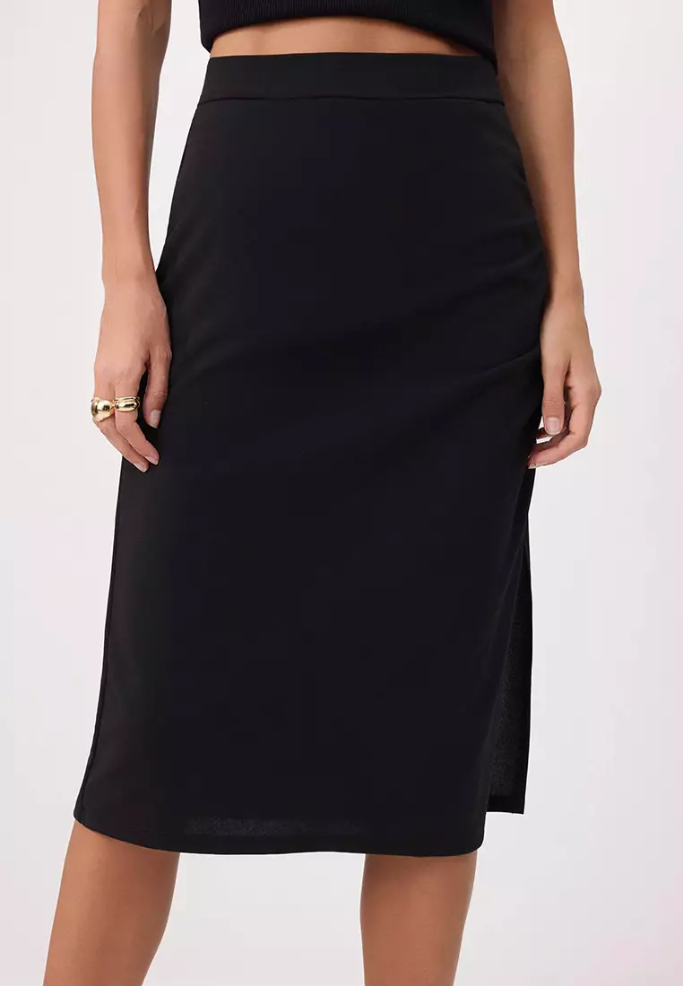 Black Straight Pencil Slit Normal Waist Midi Scuba Crepe Knitted Skirt Twoss26Et15