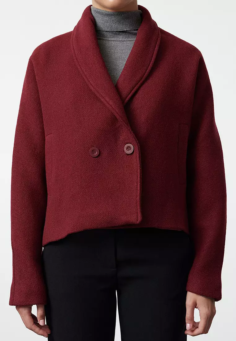 Claret Red Regular Woolen Short Jacket Coat Twoaw25Kb00047
