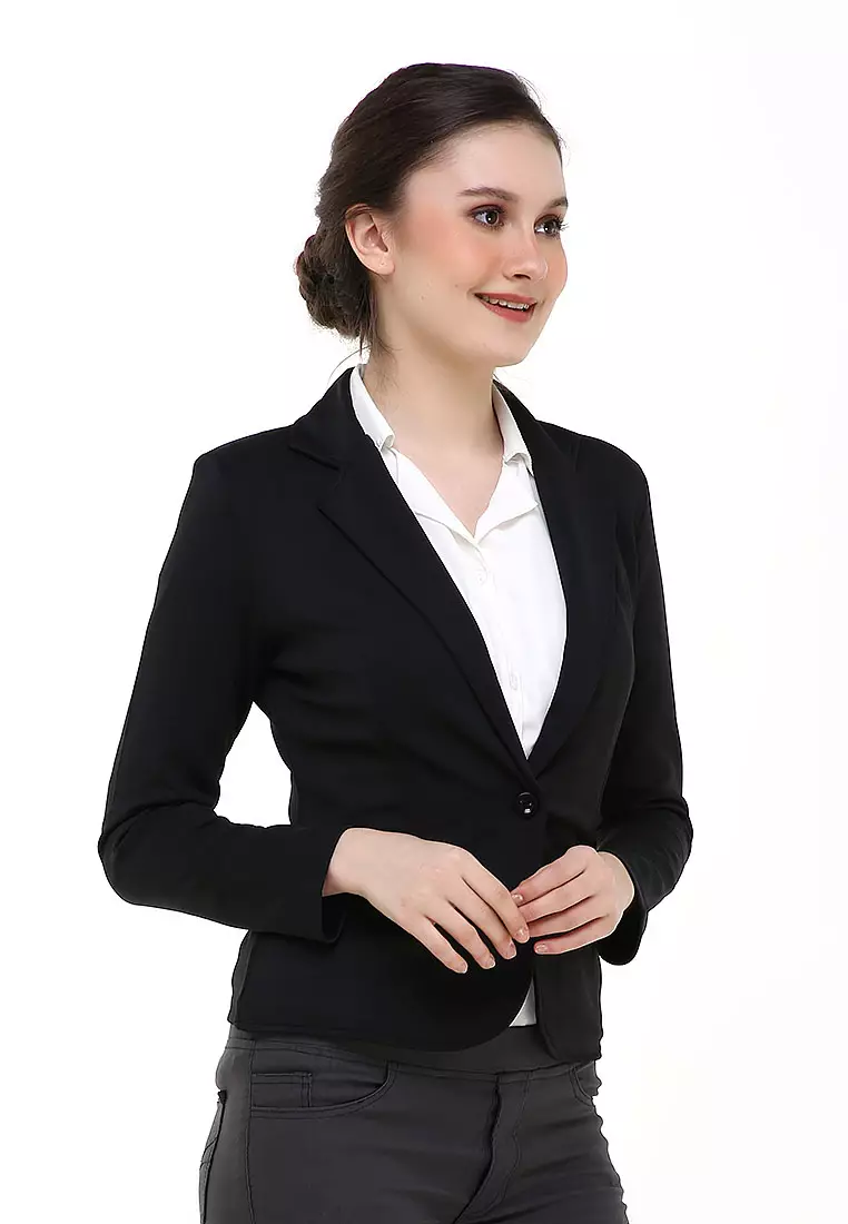 Qemsya Blazer Wanita Slim Fit Plain Suit Formal Longsleeve Material Scuba ORIGINAL - Black