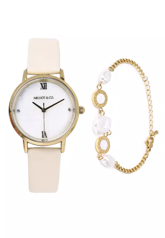 Shireen Gold Leather Watch with Bracelet Set