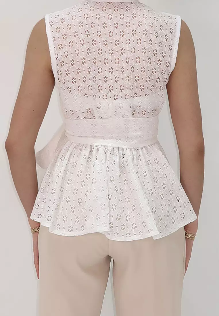 Women's Ecru Double Breasted Collar Skirt Flounced Self Belted Summer Guipure Blouse Alc-X14126