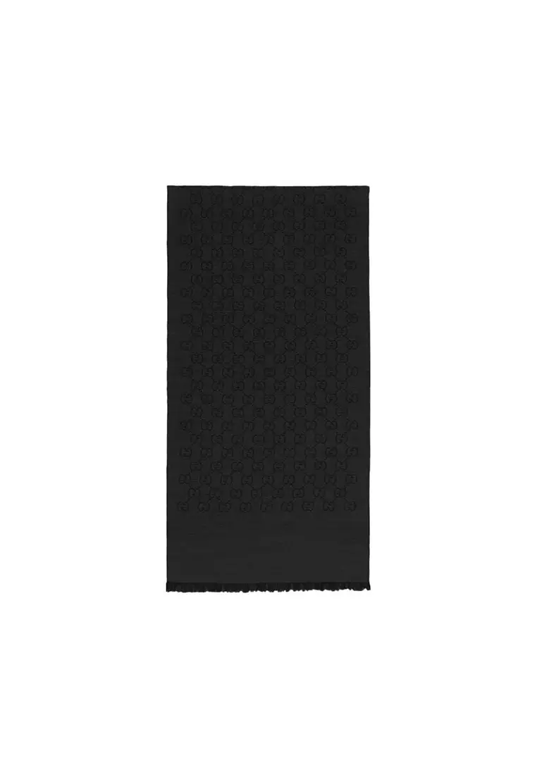 GG Logo Wool Silk Scarf in Black 165904 3G646