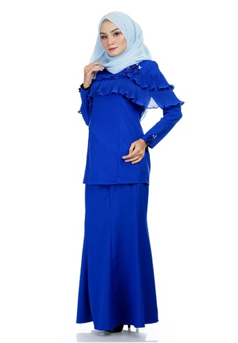 Buy Shahnaz Kurung with Layered Pleated Panel from Ashura in Blue at Zalora