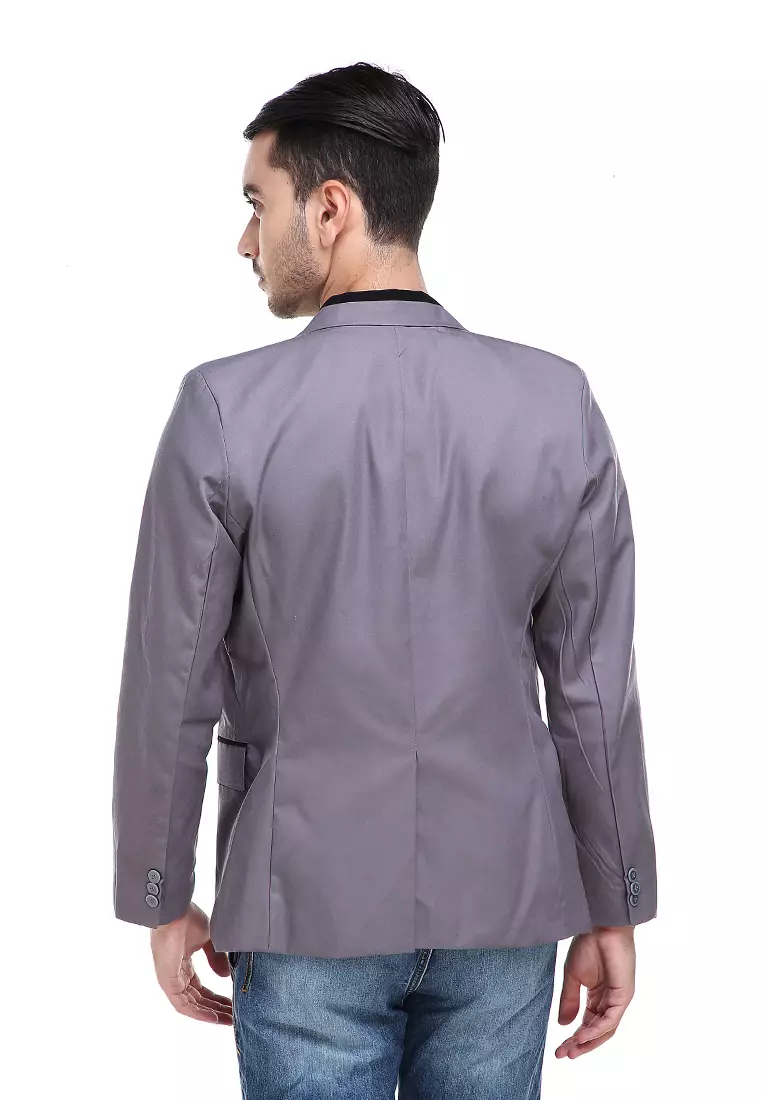 Woreq Jas Blazer Pria Three Pockets Collar Stripe Black Formal Casual Suit Material Drill ORIGINAL - Gray