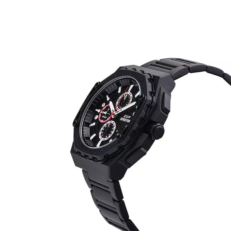 Jam Tangan Pria Expedition Chronograph E 6824 MC BIPBARE Men Black Dial Black Stainless Steel Strap + Extra Strap