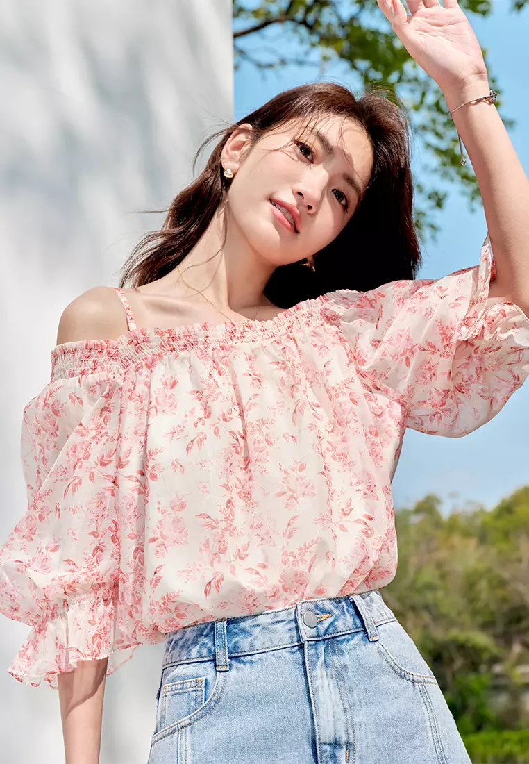 Hopeshow Summer Off Shoulder Thin Strap Floral Blouse 2025