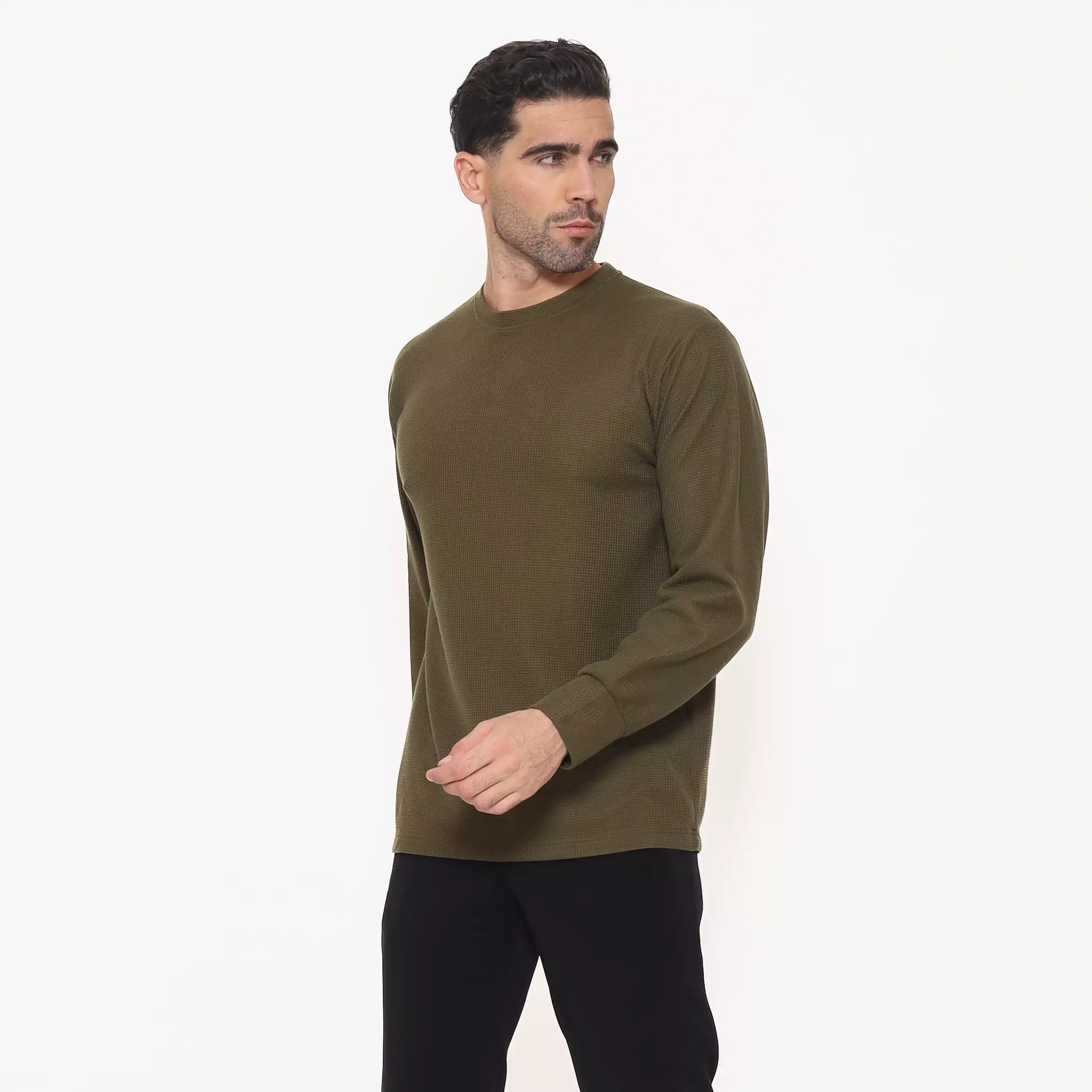 Schoeller Kaos Pria Lengan Panjang Regular Fit WILFRED-R – Army | Katun Waffle Knit Premium Polos