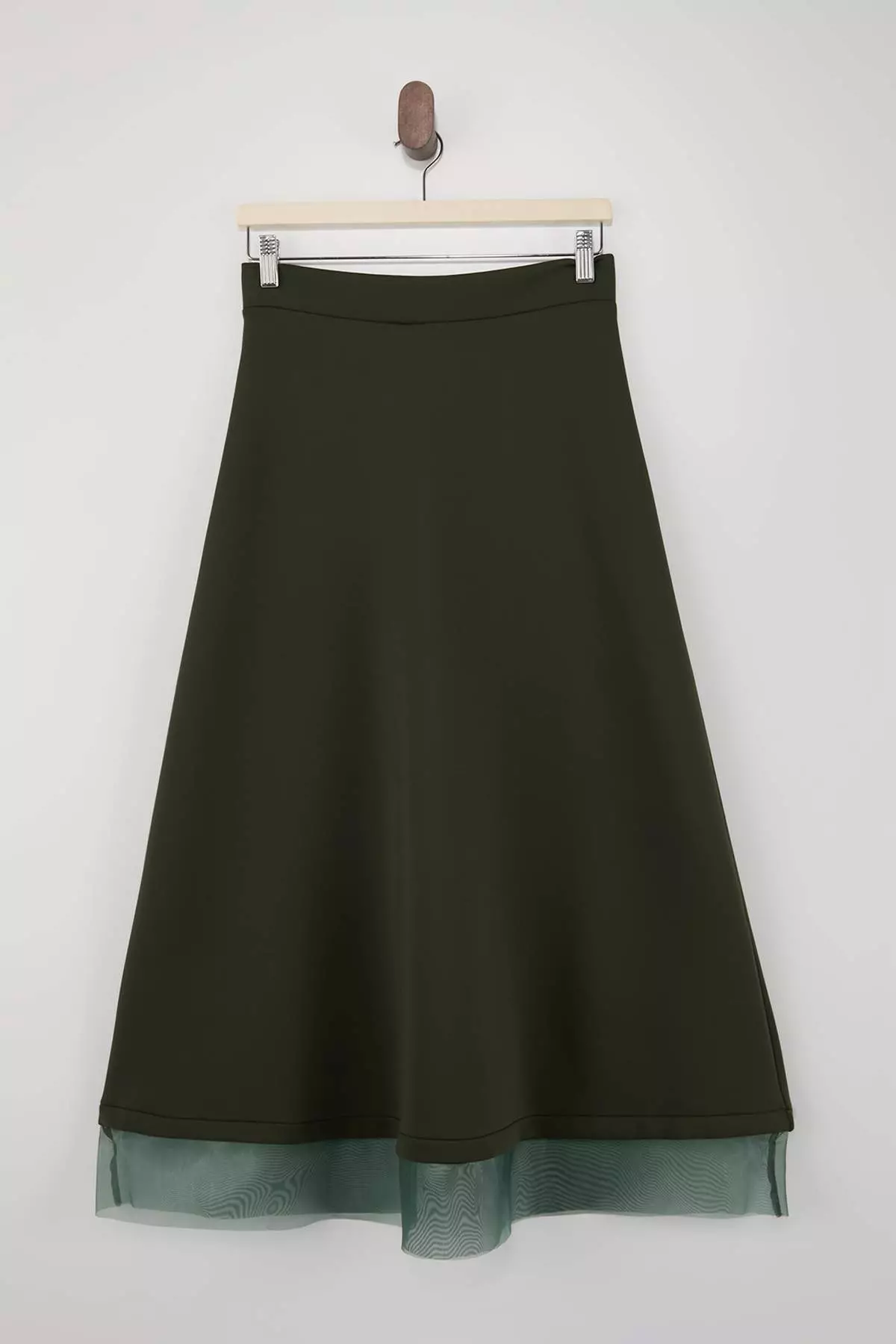 Khaki Unlined Plain Knitted Hem Tulle Detailed Hijab Skirt Tctss26Ee00001