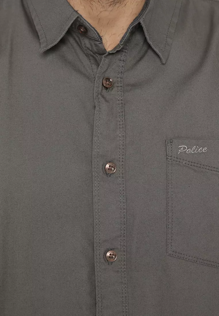 POLICE Kemeja Polos Cotton Oxford Dark Grey Regular Fit Pria