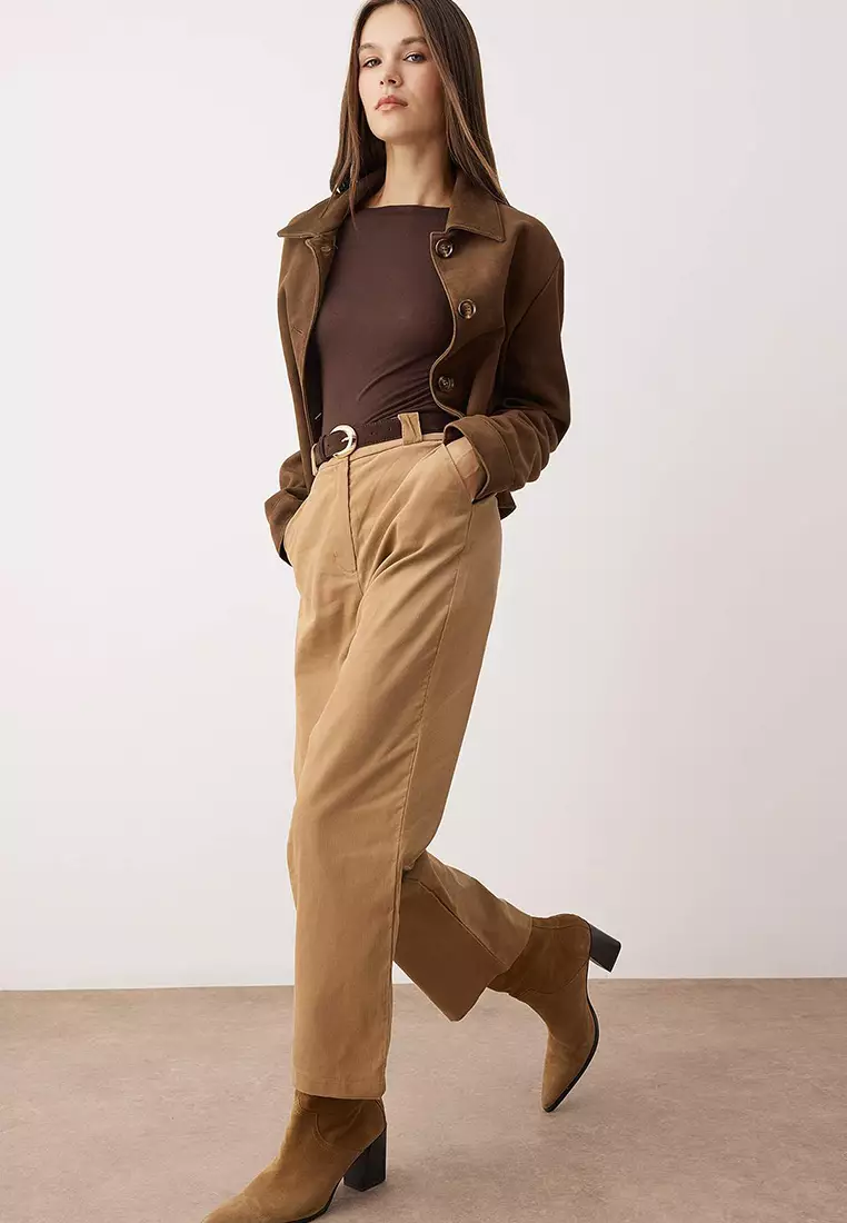 Beige Brown Velvet Straight Cut Trousers