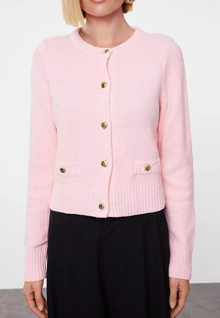 Pink Crop Premium Yarn/Special Yarn Pocket Detailed Jacket-Look Knitwear Cardigan TWOAW24HI00051