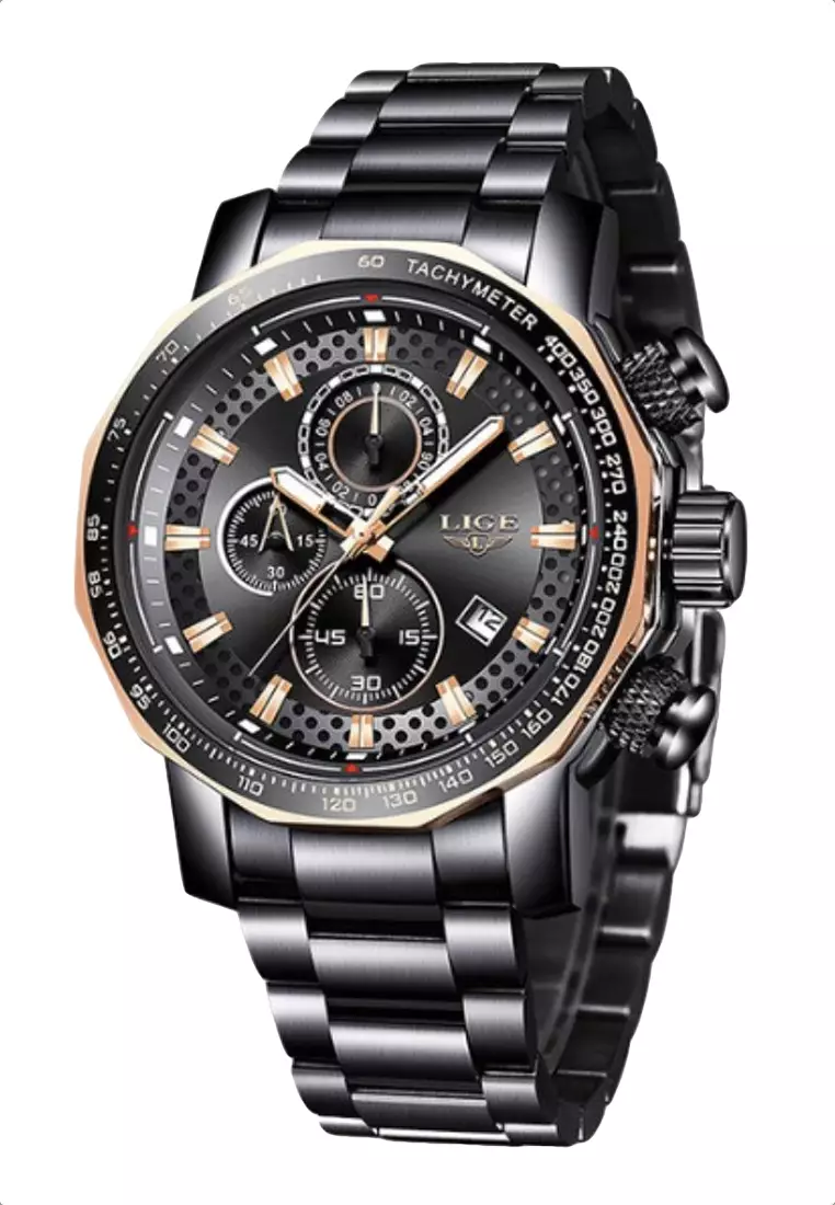 LIGE Chronograph Unisex IP Black Stainless Steel Quartz Watch