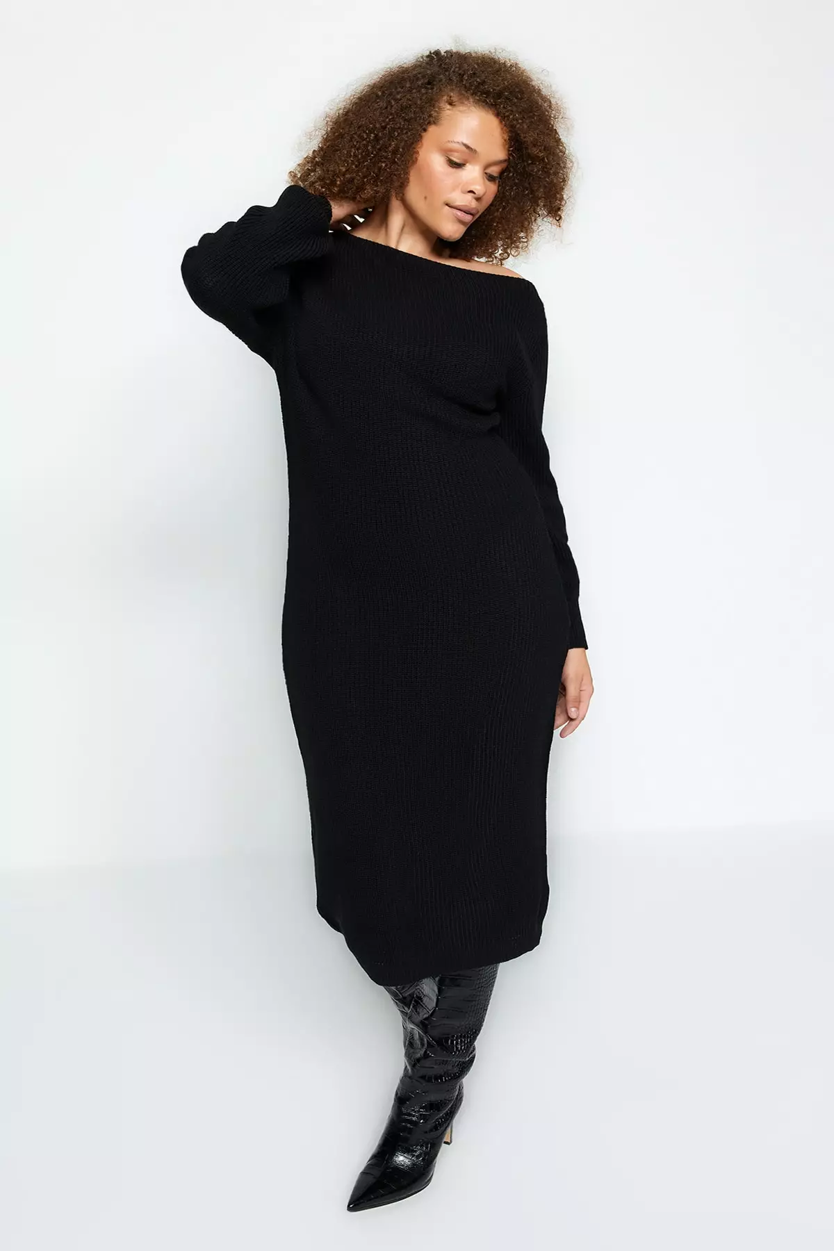 Trendyol Plus Size Black Asymmetrical Detailed Sweater Dress 2024