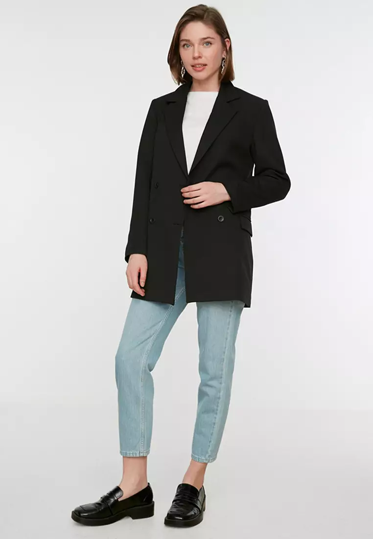 Double Button Detailed Pocket Lined Blazer Woven Jacket