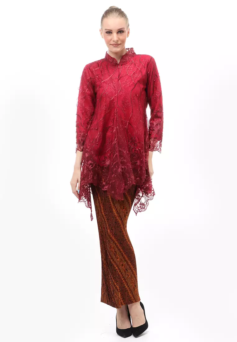 Kebaya Tunik Atasan Wanita Design Tulle Premium Quality - Maroon