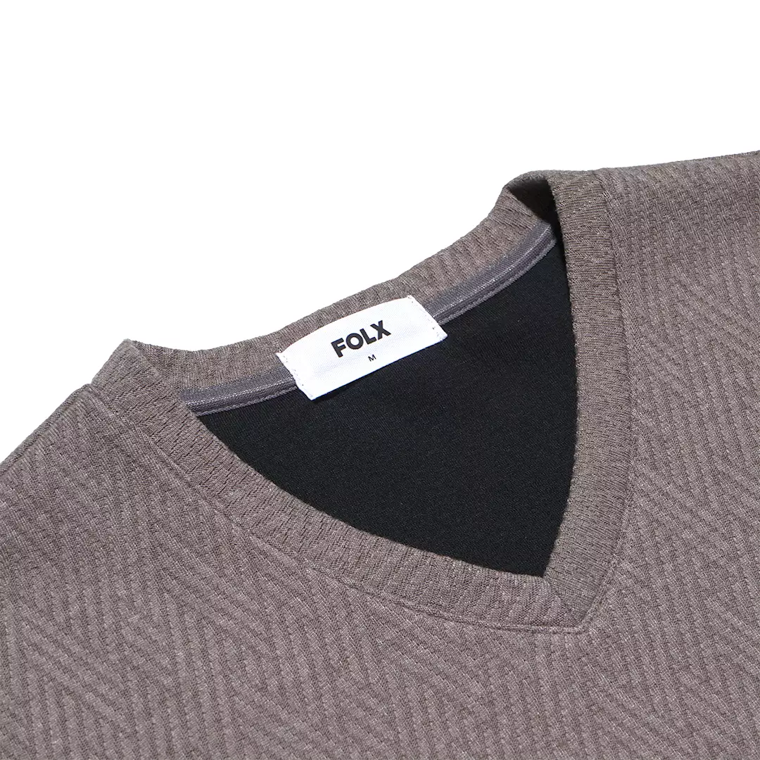 V-Neck Geometric Texture Long Sleeve T-Shirt Khaki