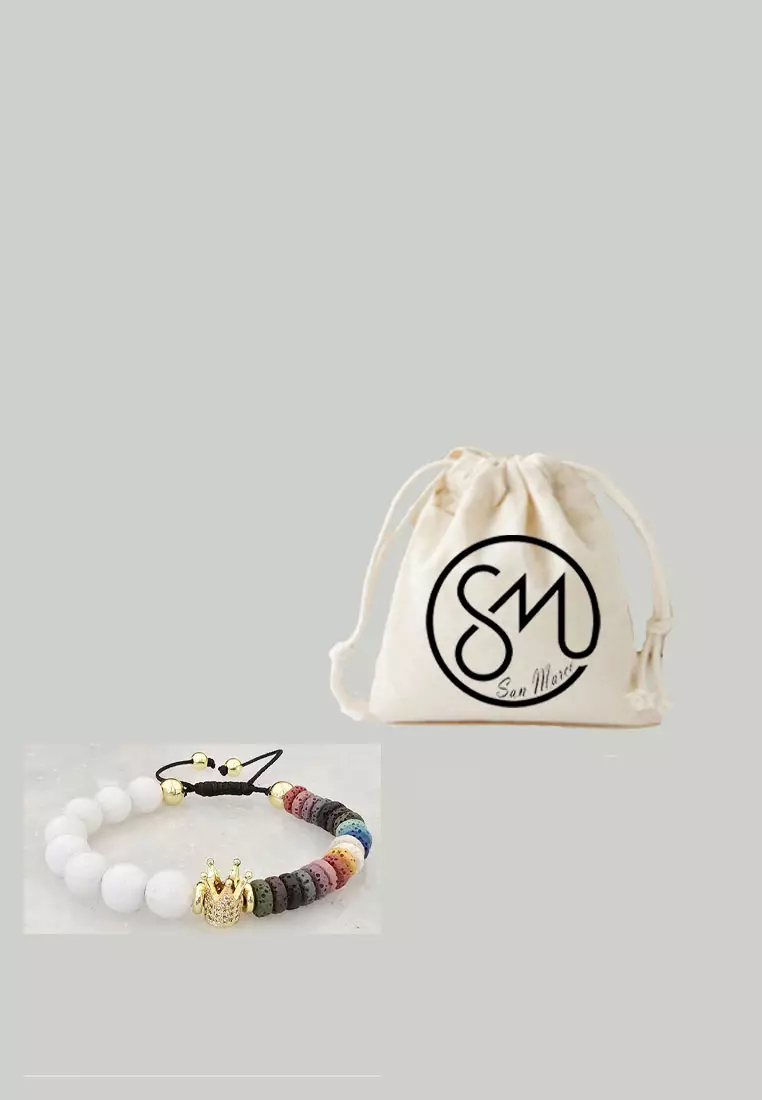Accessories Wanita Crown Embellished Dyed Lava Beads Macrame Bracelet Gelang Wanita Gold, Multicolour & white