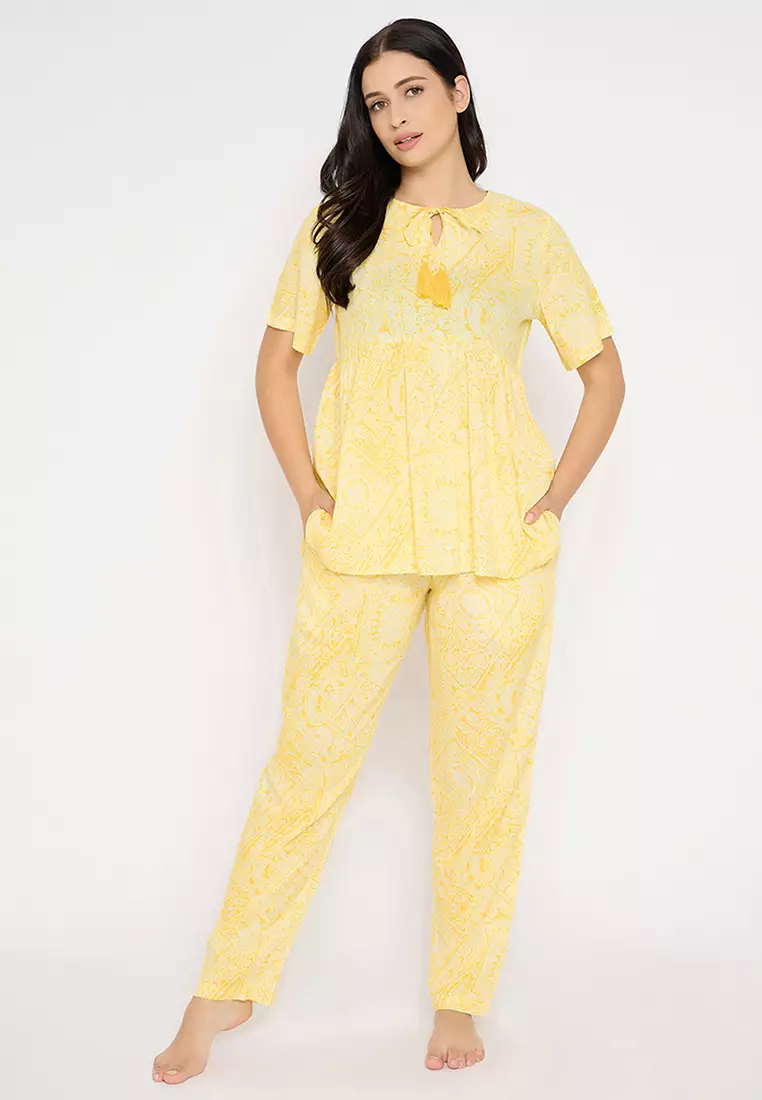 Clovia Printed Peplum Top & Pyjama Set in Yellow - Rayon
