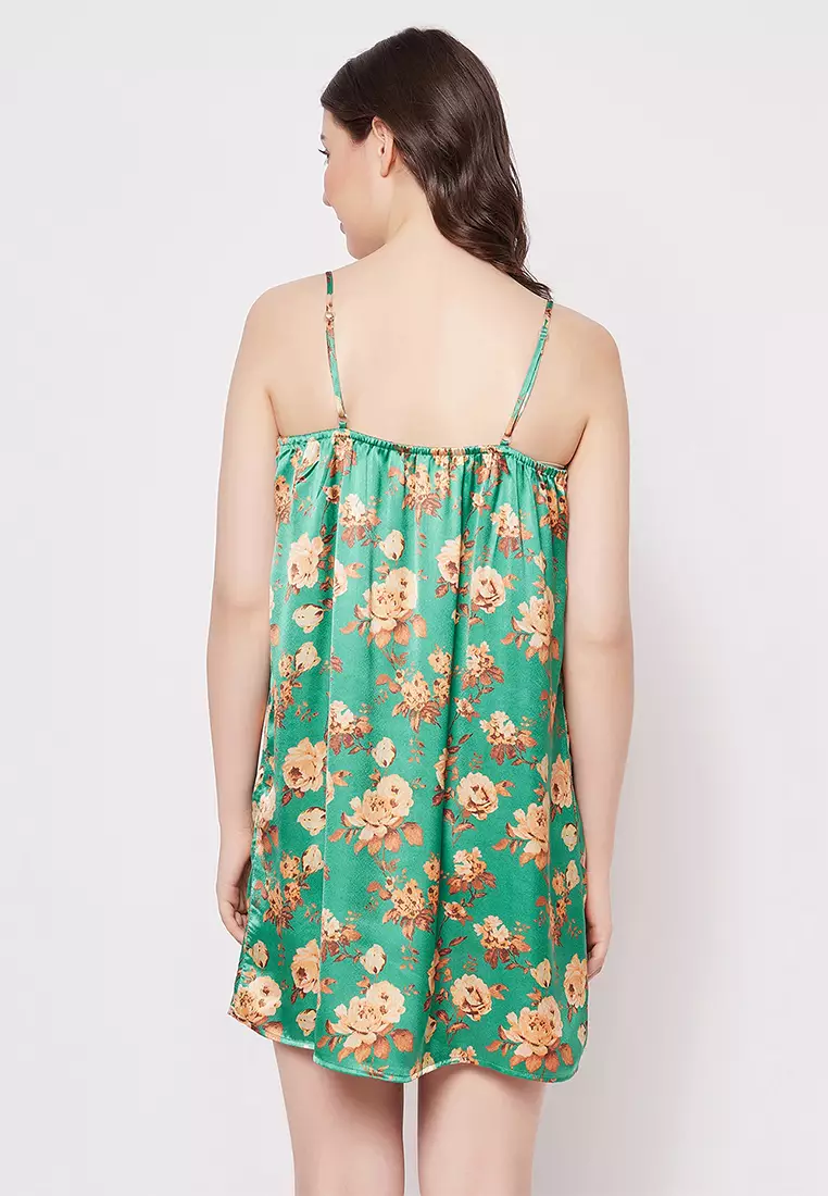 Clovia Pretty Florals Short Night Dress & Robe Set in Green - Satin