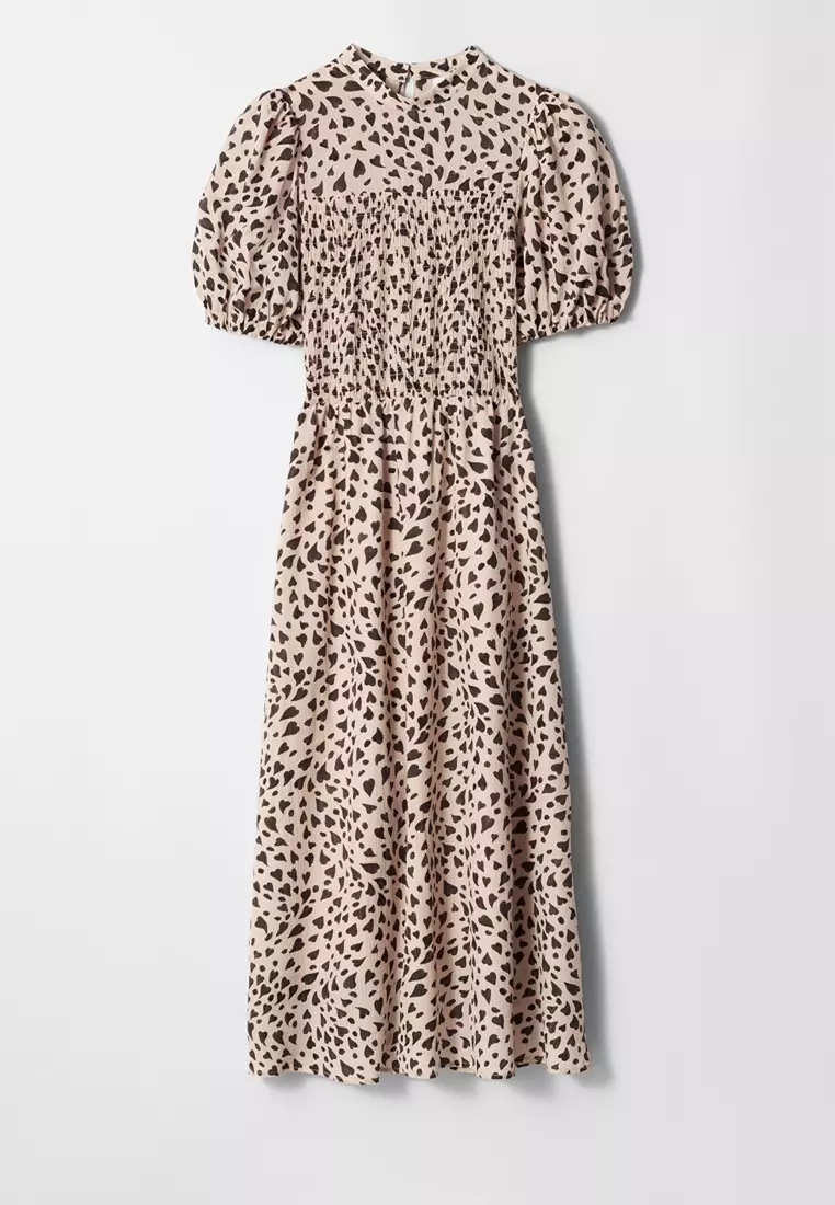 Smocked Puff-Sleeve Midi Dress