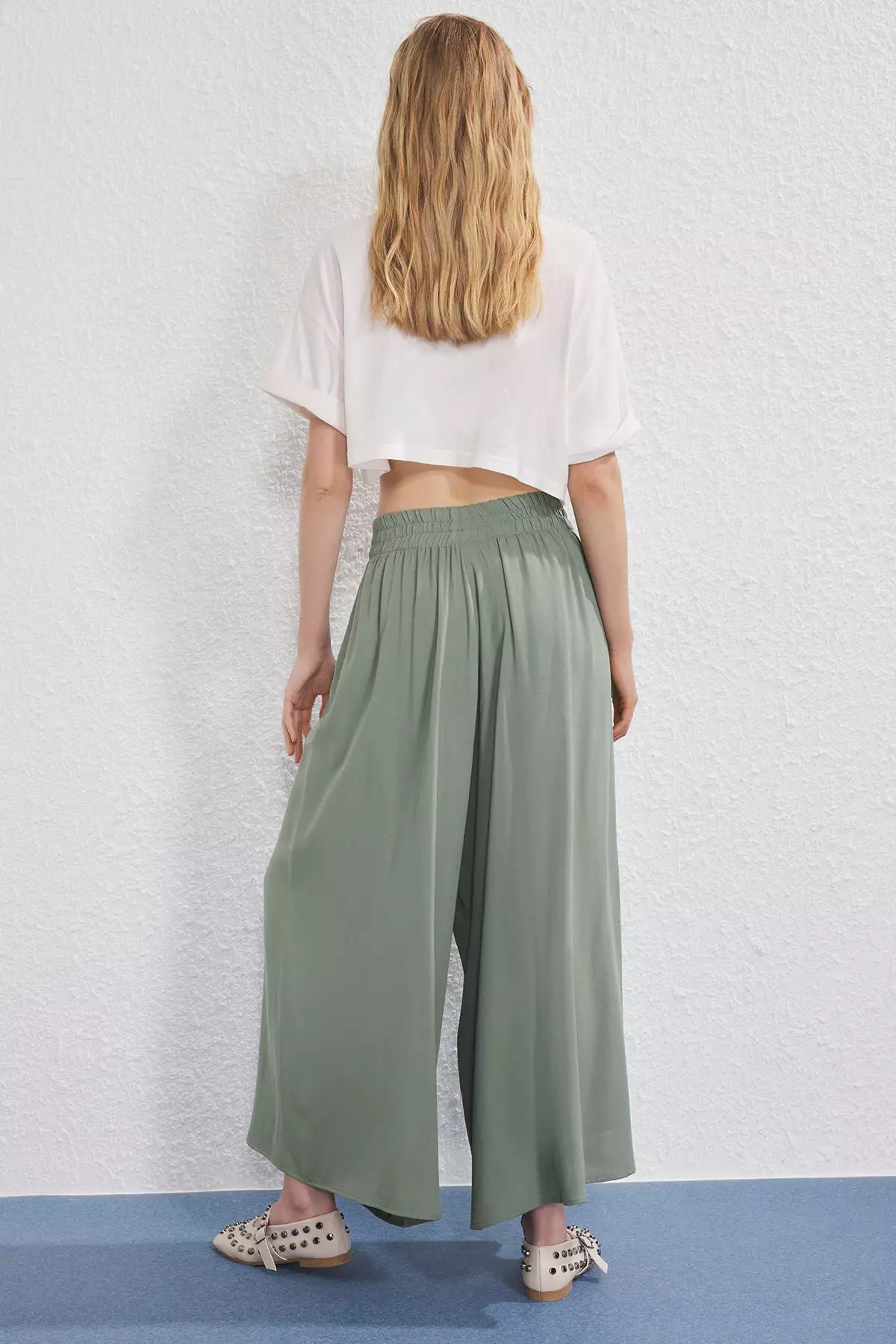 Khaki Elastic Waist Wide Leg Extra Wide Leg Woven Trousers Twoss25P