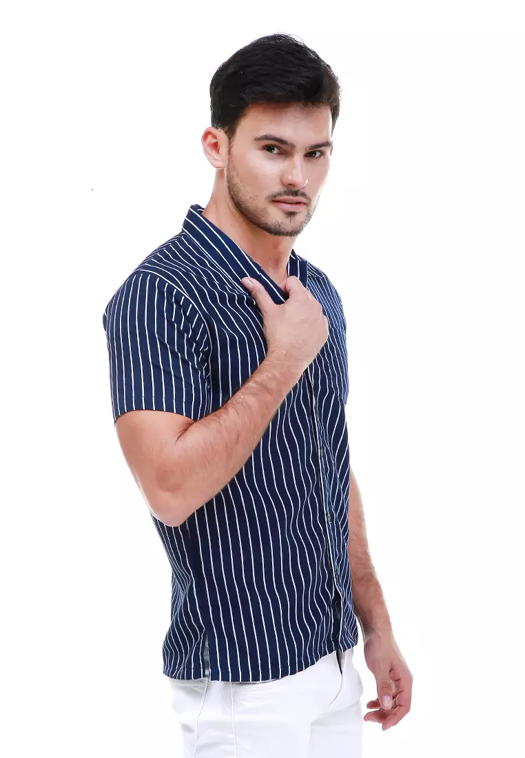 Dwan Atasan Kemeja Pria Vertical Lines Casual Shortsleeve Shirt Material Cotton ORIGINAL - Navy