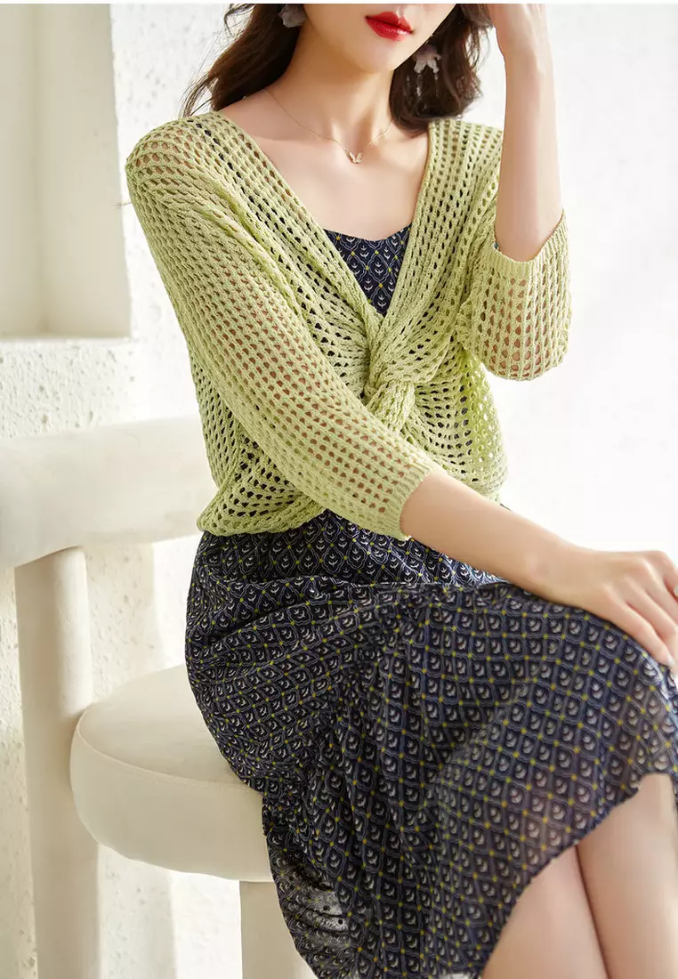 Hollow Knitted Sweater + Chiffon Suspender Dress Two-Piece Suit