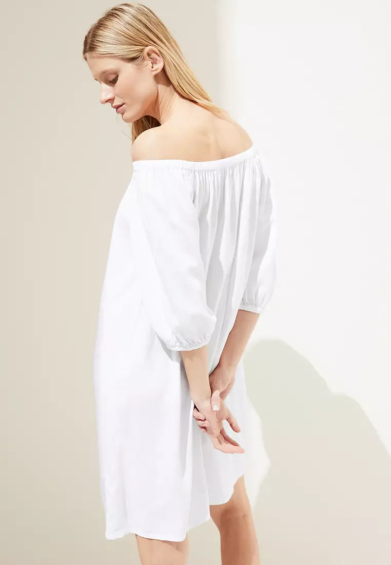 White linen sales bardot dress