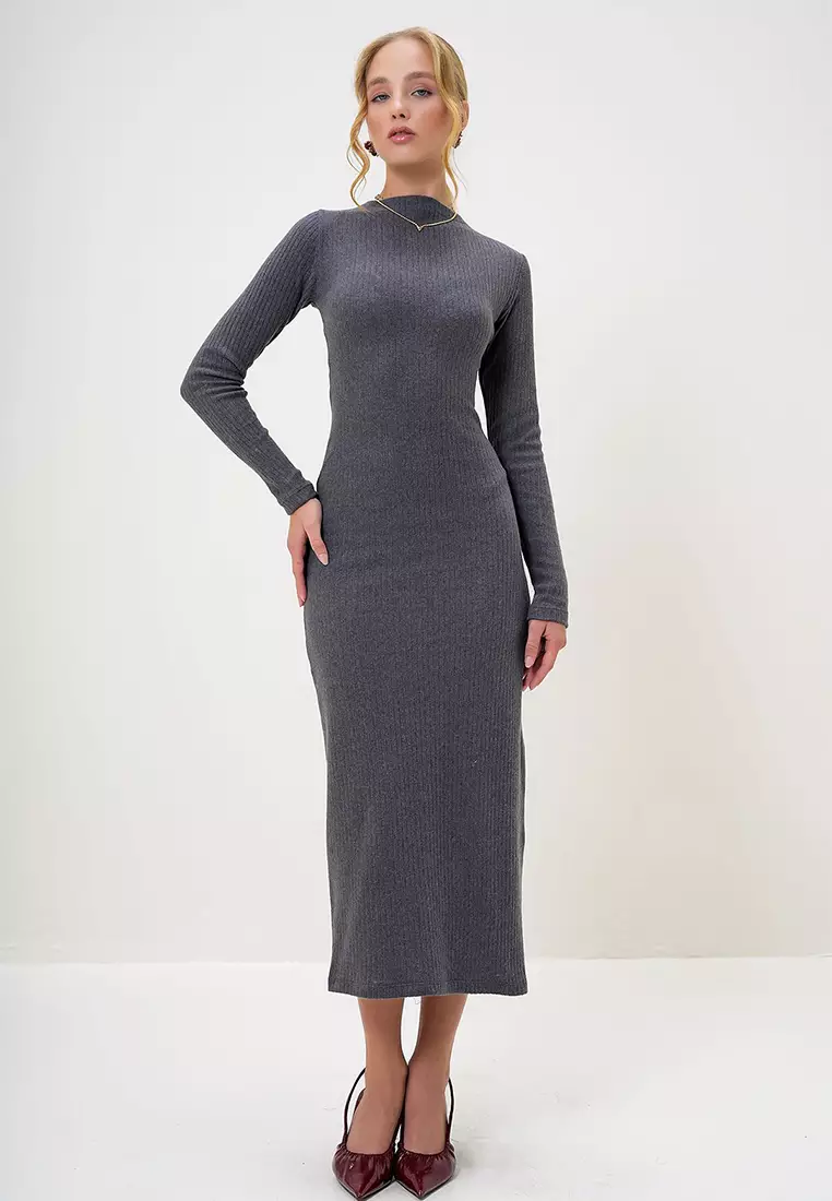 Crew Neck Long Sleeve Interlock Fabric Midi Length Dress