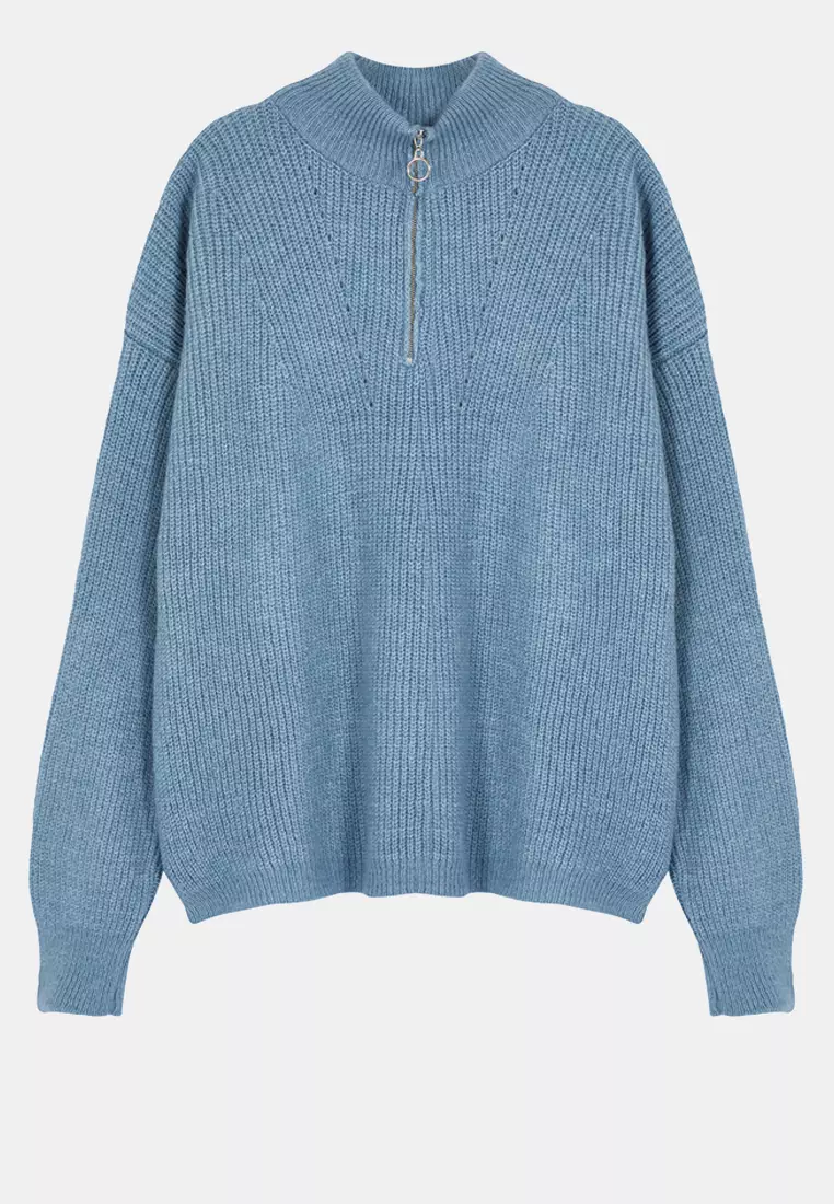 Knitwear Sweater With Dark Blue Soft Texture Zipper