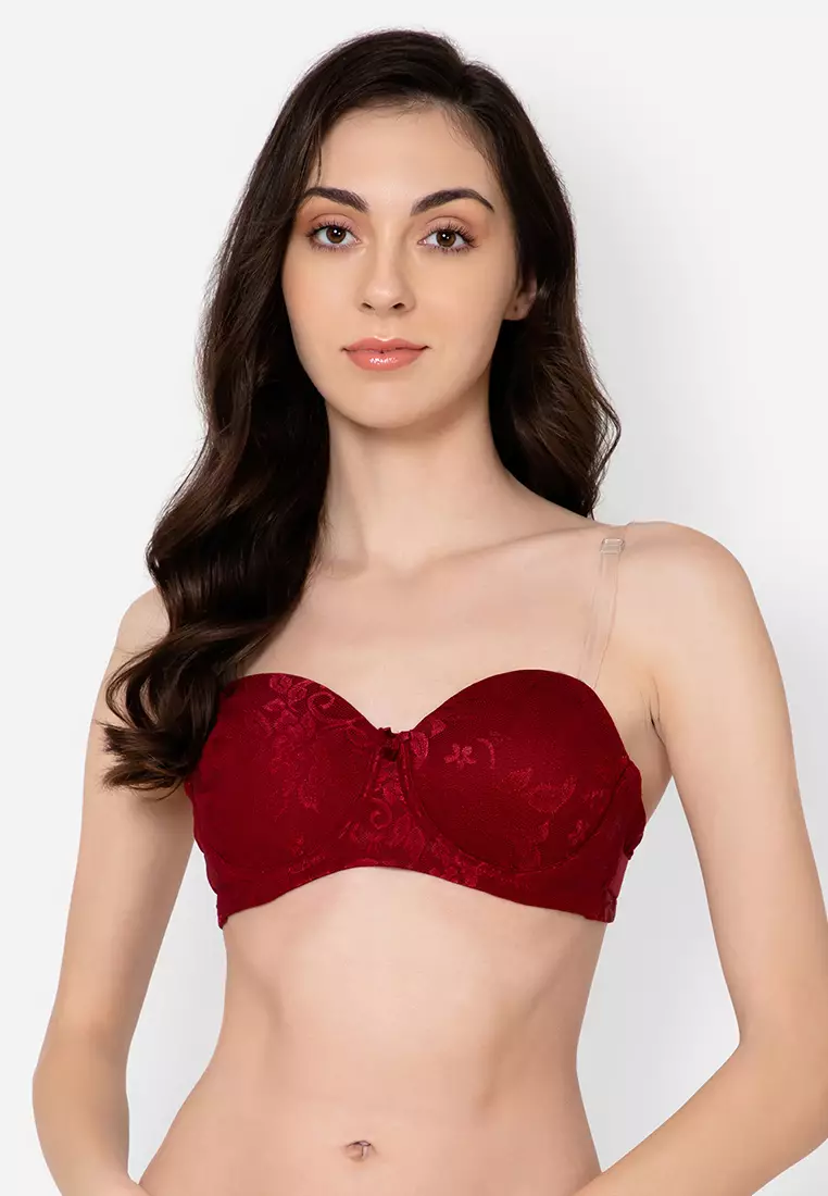 Clovia Invisi Padded Underwired Full Coverage Strapless Balconette Bra in Maroon with Transparent Straps & Band - Lace