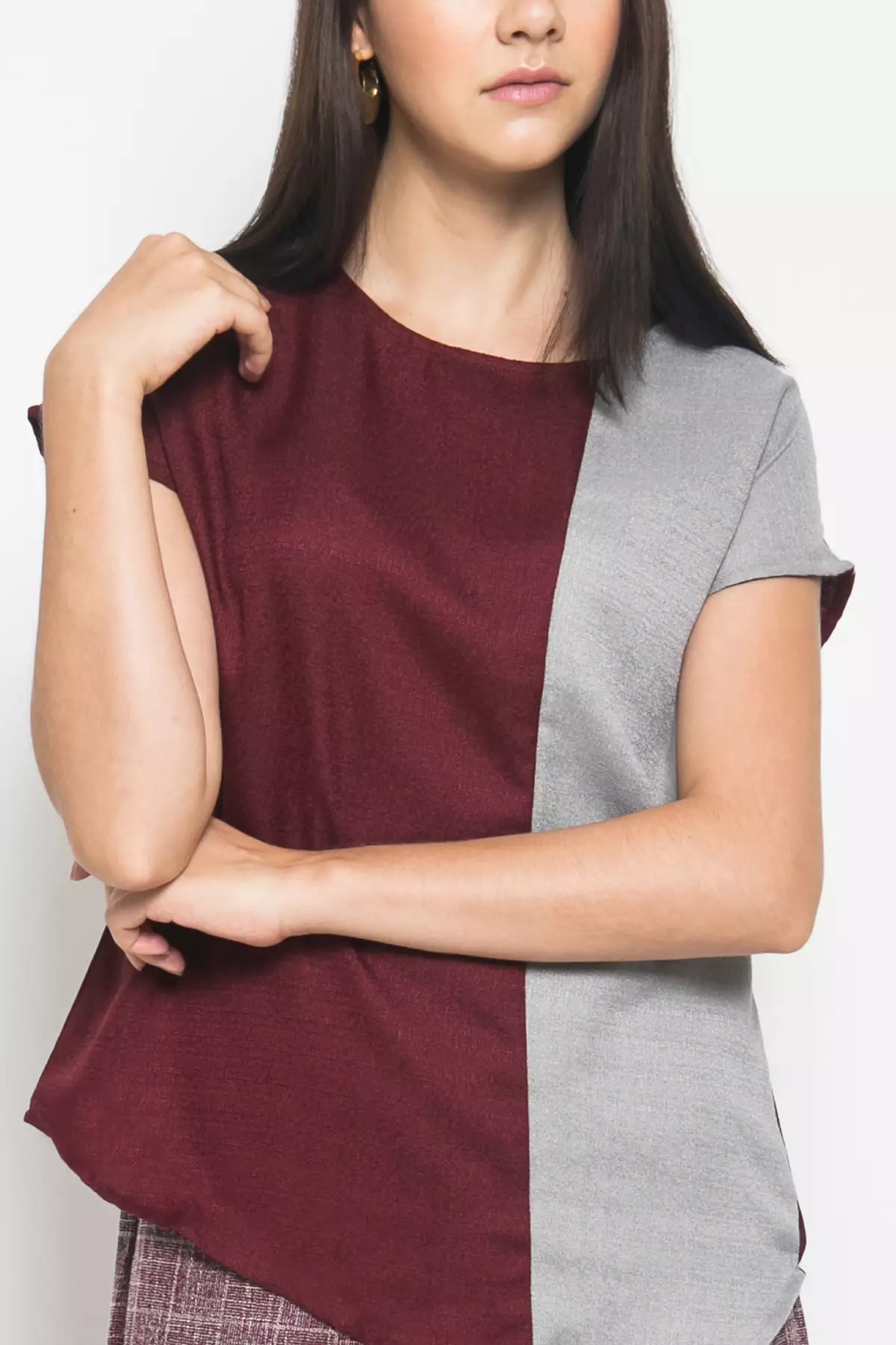 Nola Assymetrical Blouse In Maroon & Grey