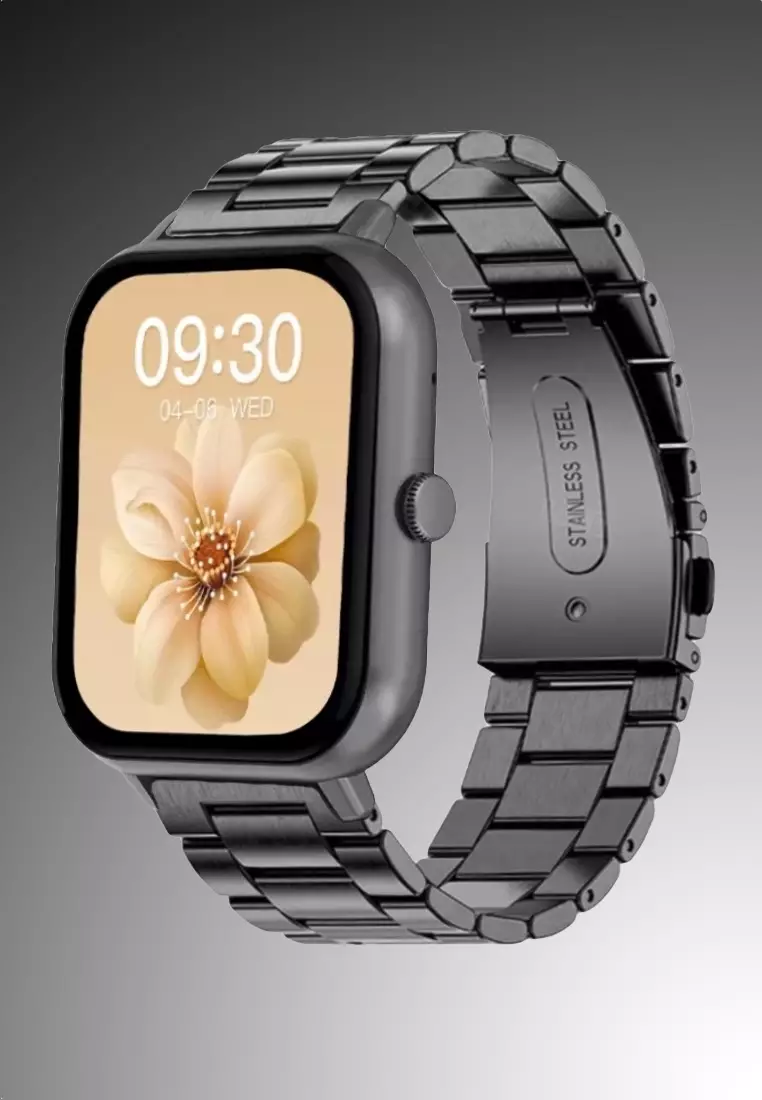 男女通用矩形智慧手錶 - IP 黑色不鏽鋼錶鍊 + 1 條免費橡膠錶帶