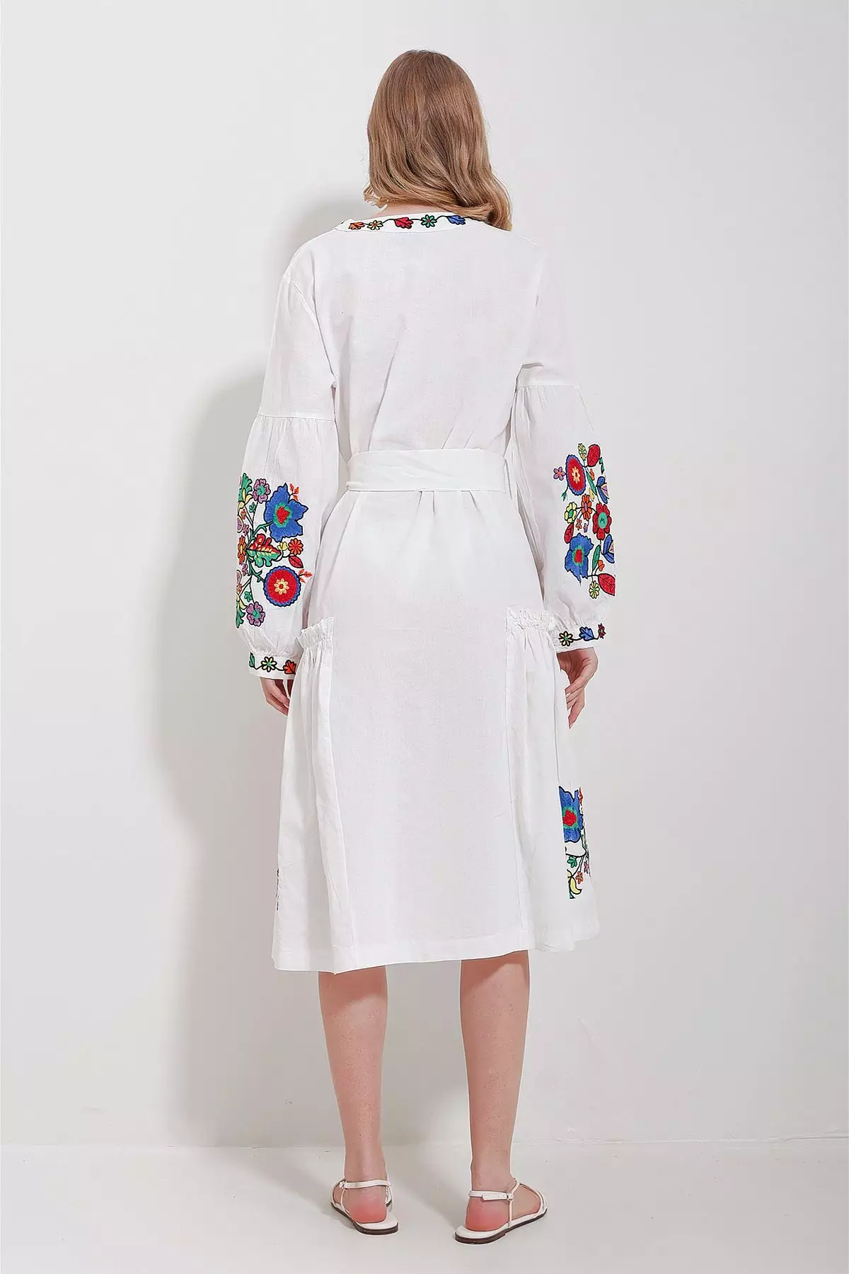 Women's White V Neck Full Embroidery Lined Woven Dress