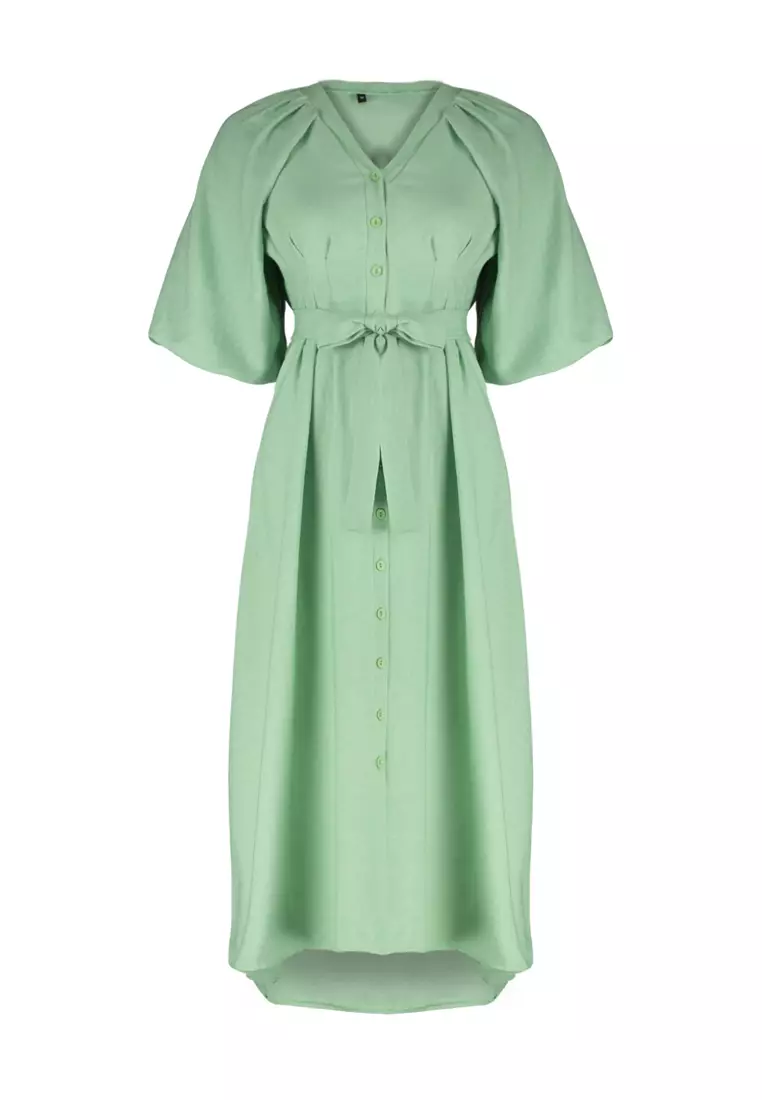 Belted Half Balloon Sleeve Linen Shirt Dress