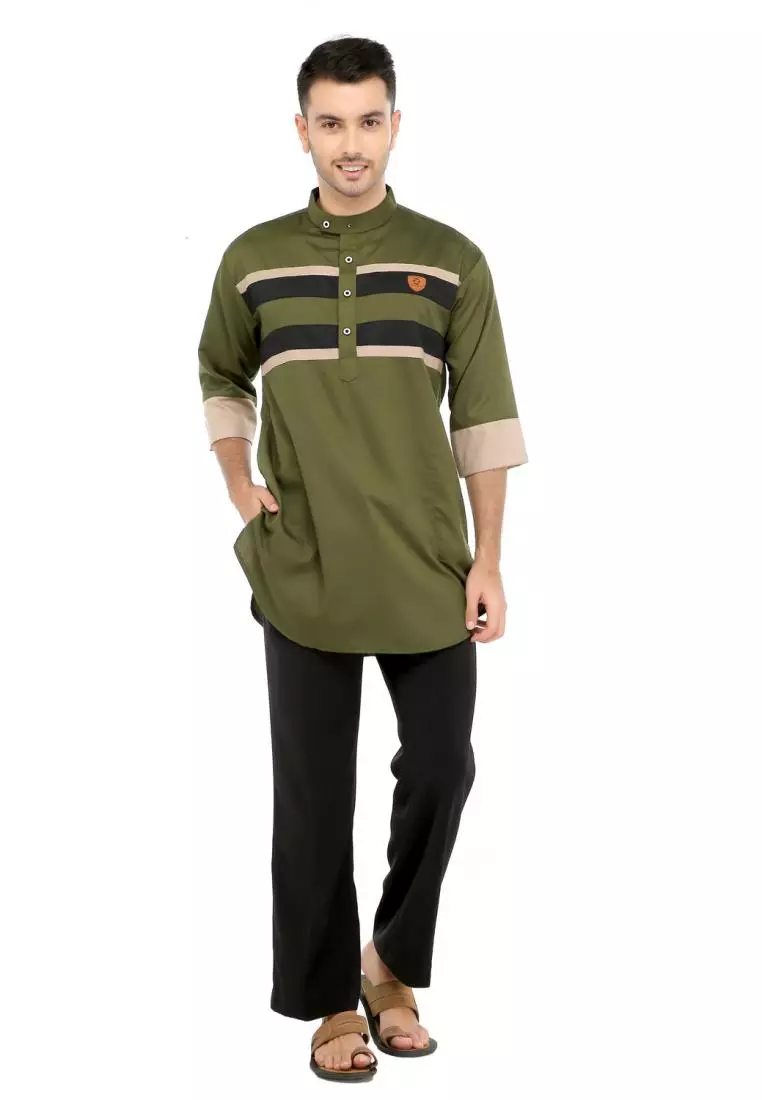 Baju Koko Gamis Muslim Pria Mauza - Hijau Army