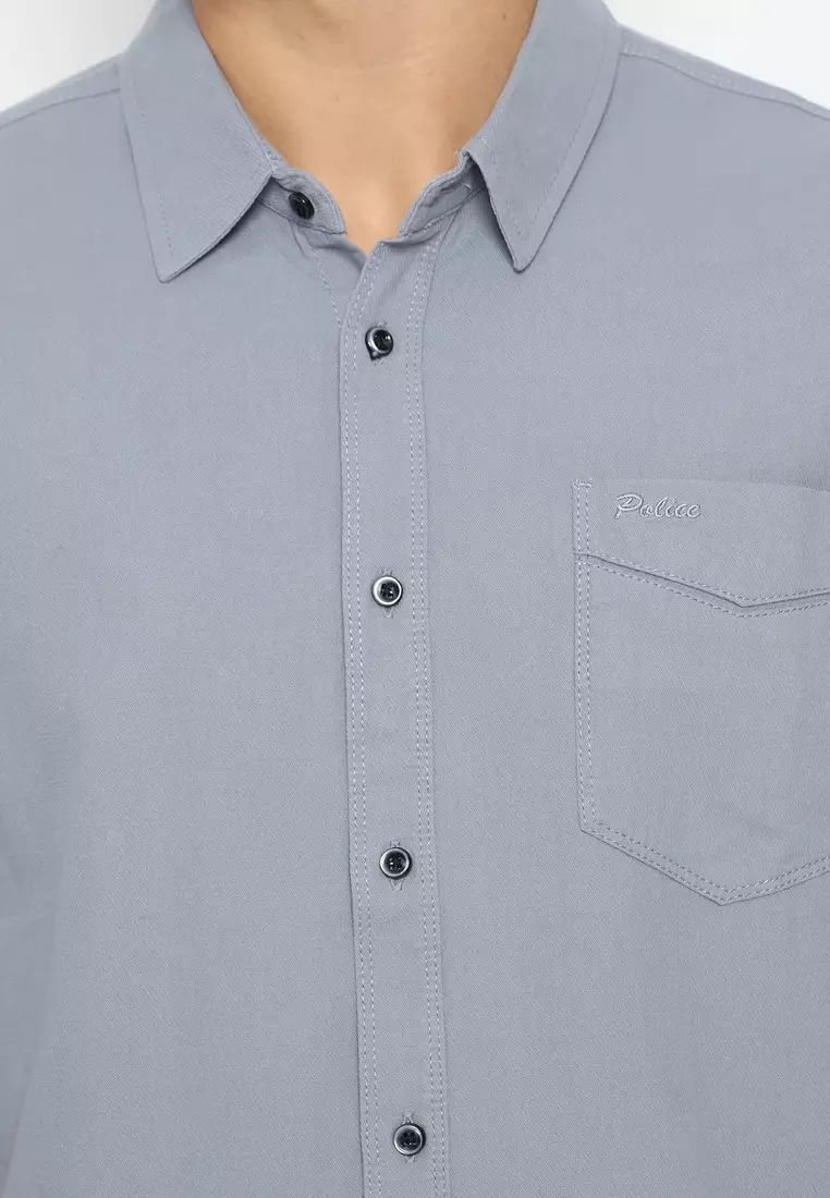 POLICE Kemeja Polos Cotton Abu Regular Fit Pria