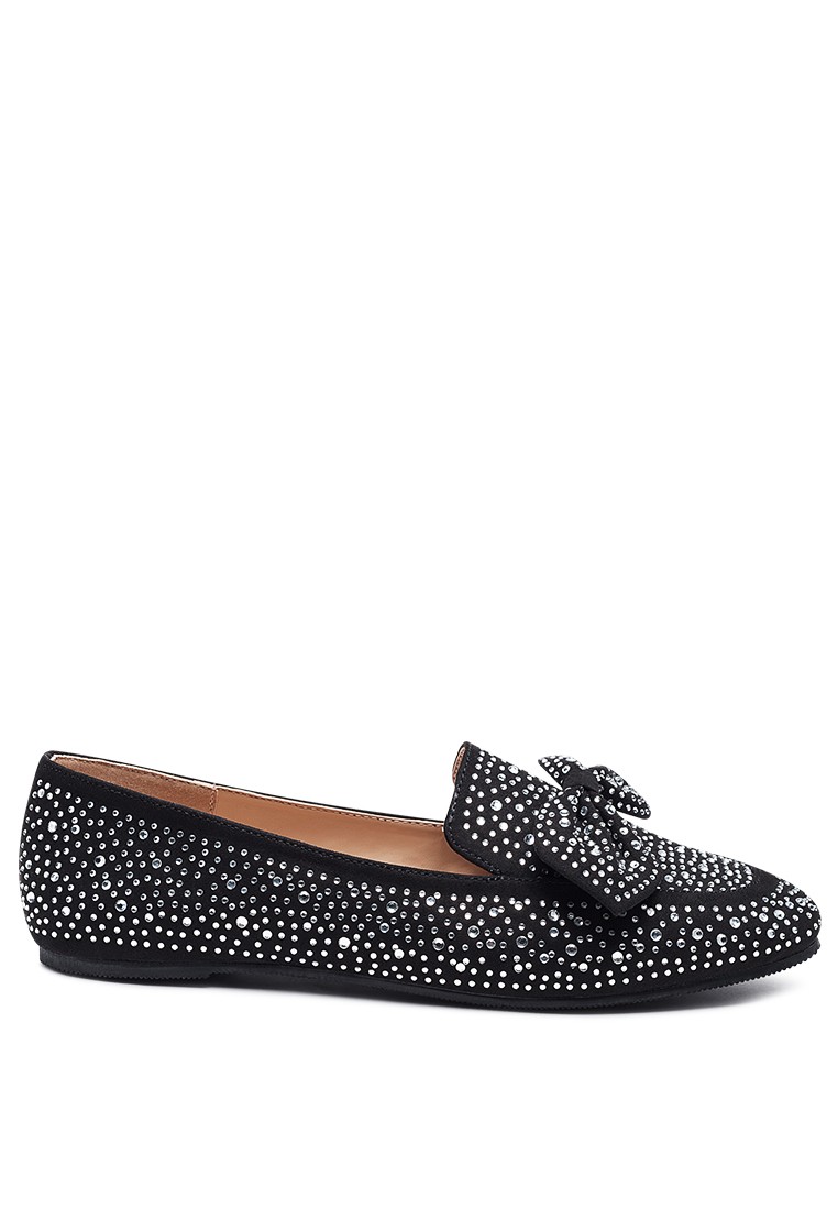 Dewdrops Embellished Casual Bow Loafers in Black