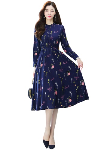 Halo navy Floral Printed Chiffon Dress 61459AA7B72186GS_1