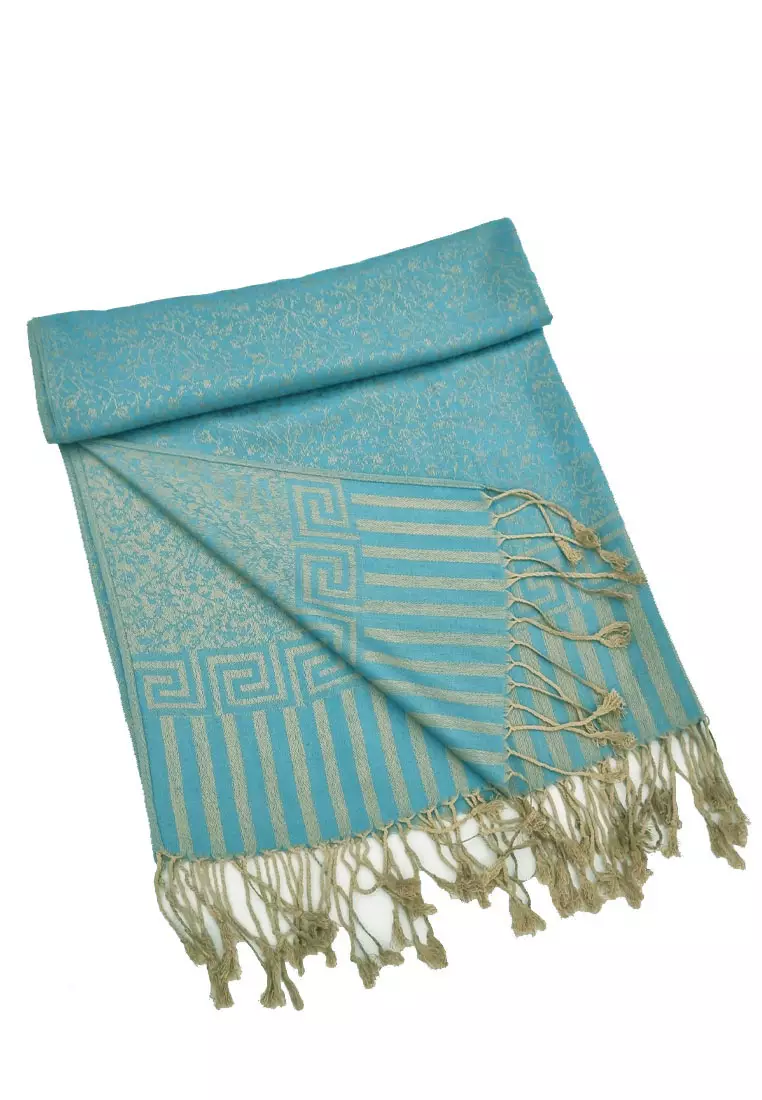 Reversible Viscose Floral Pattern Pashmina Shawl Syal Wanita Aqua Blue