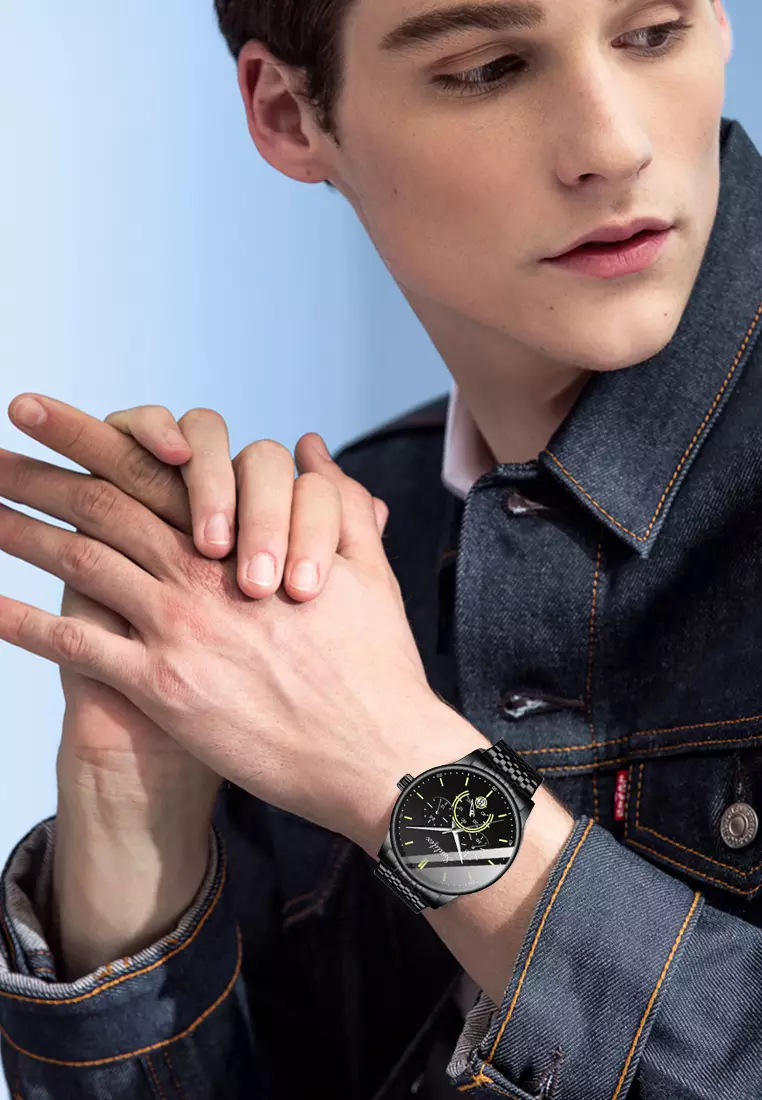 Jam Tangan Pria Original Bisnis Anti Air Kuarsa Jam Pria Calendar Tali Stainless Steel Jam Tangan Cowok 9007 black white