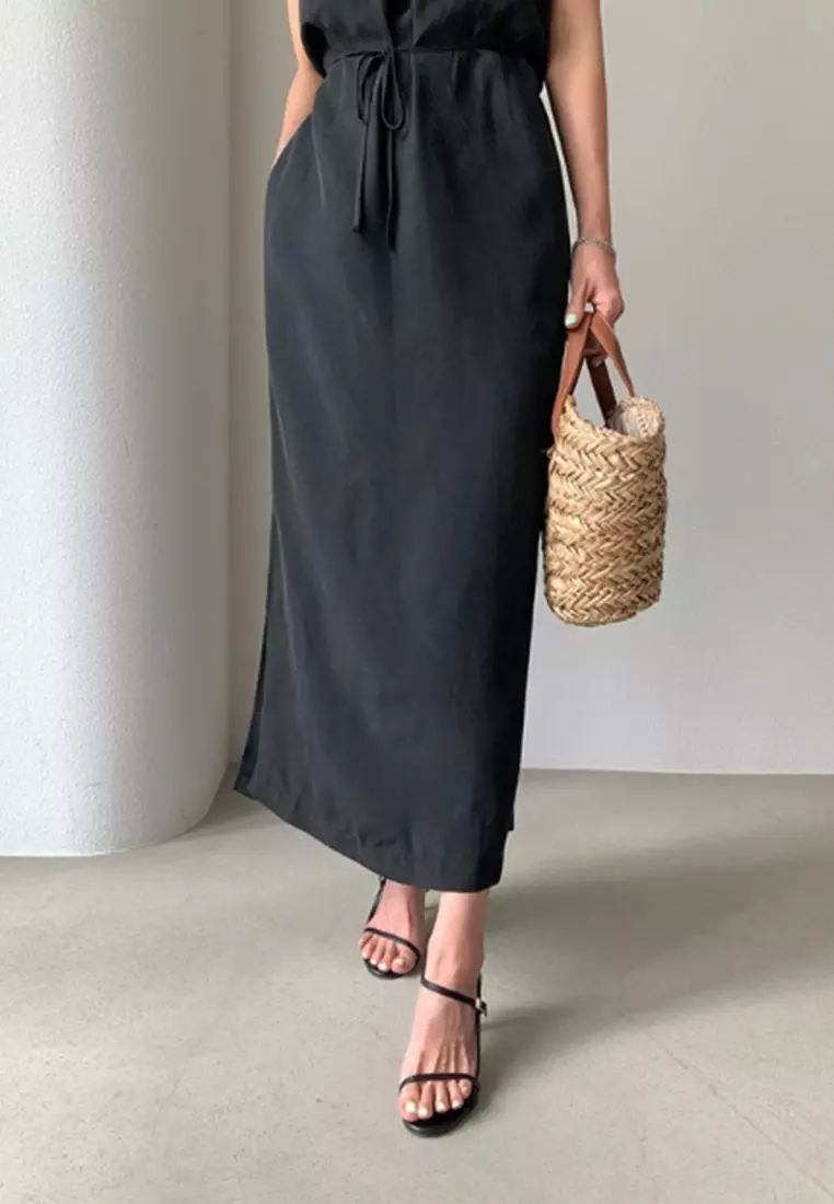 2025 minimalist lace up waist cinching slit dress CA25032720BK