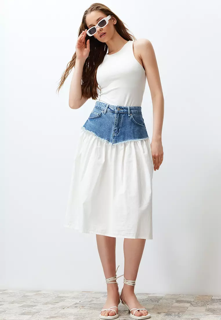 Mid Washed Denim Midi Skirt