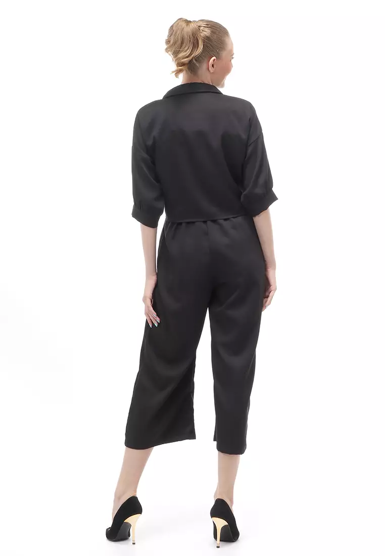 Jumpsuit Wanita Casual Motif Solid Setelan Relaxed Fit - Hitam