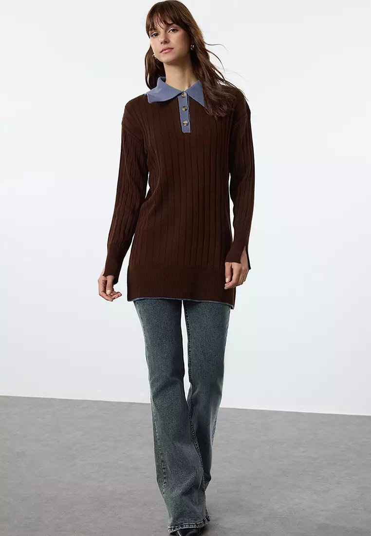 Brown Blue Color Block Ribbed Knit Sweater Tctaw25Ak00029
