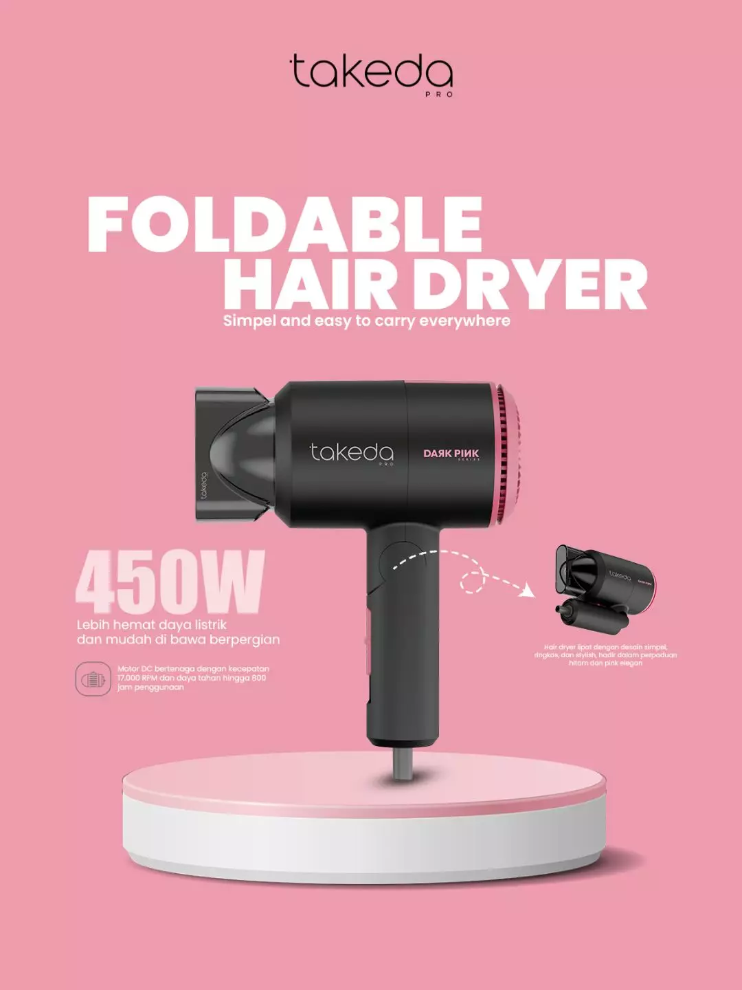 TakedaPro TKD-3085A Hair Dryer Dark Pink Travel 450W
