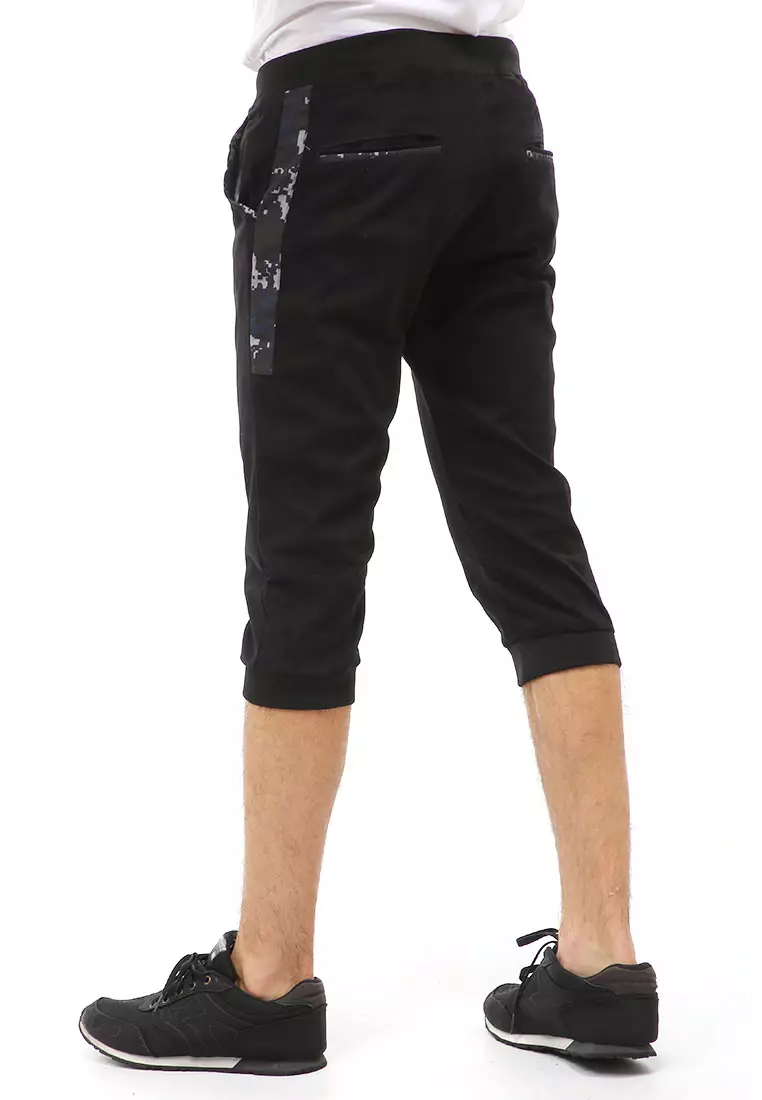 Rishham Short Pants Celana Jogger Pendek Pria List Camouflage Material Canvas Twill ORIGINAL - Black