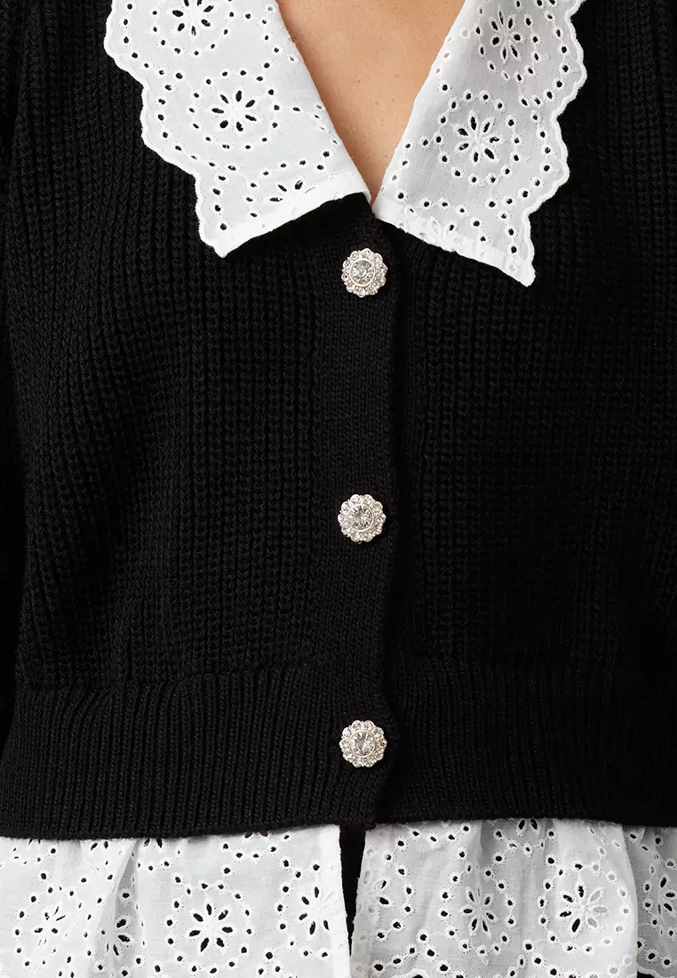 Black Crop Woven Garni Detailed V Neck Knitwear Cardigan TWOAW24HI00221