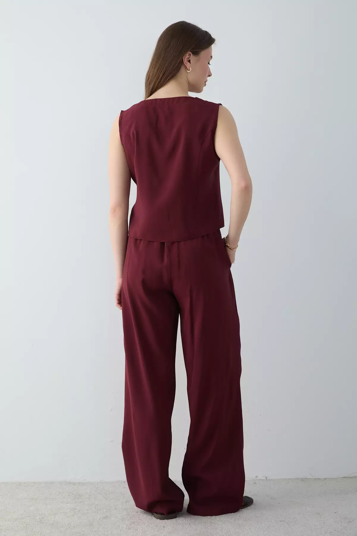 Burgundy Modal Look Blouse Trousers Woven Bottom - Top Set Twoss26Au00086