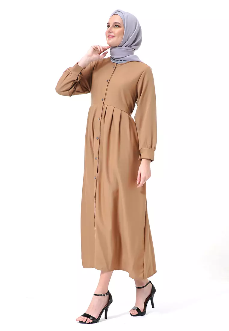 Kiyah Dress Button Muslimah Atasan Wanita Long Sleeve Premium Quality - Mocca